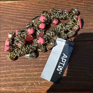 Stretch Bracelet Pink Beads Gold Colored Chain Links between Beads Fashion